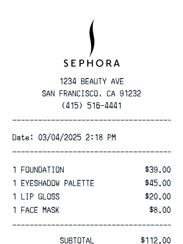 Sephora receipt receipt example