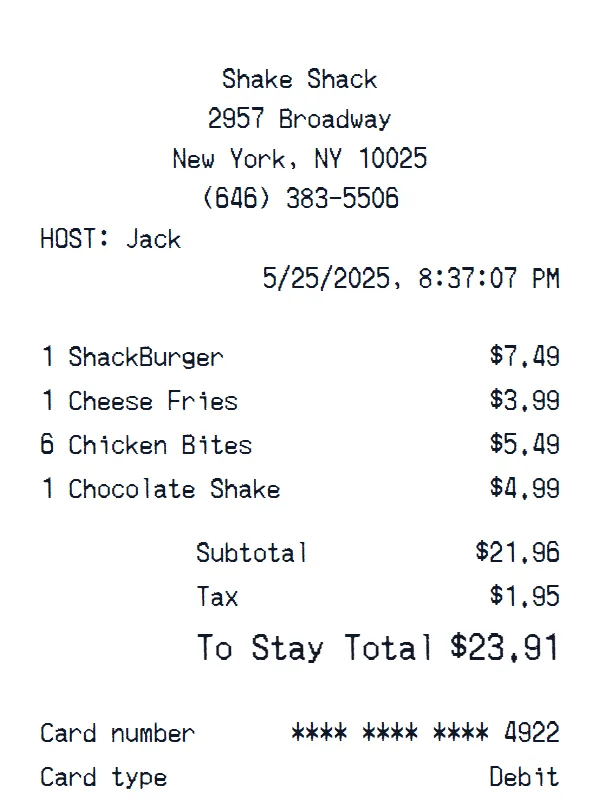 Shake Shack Receipt receipt example
