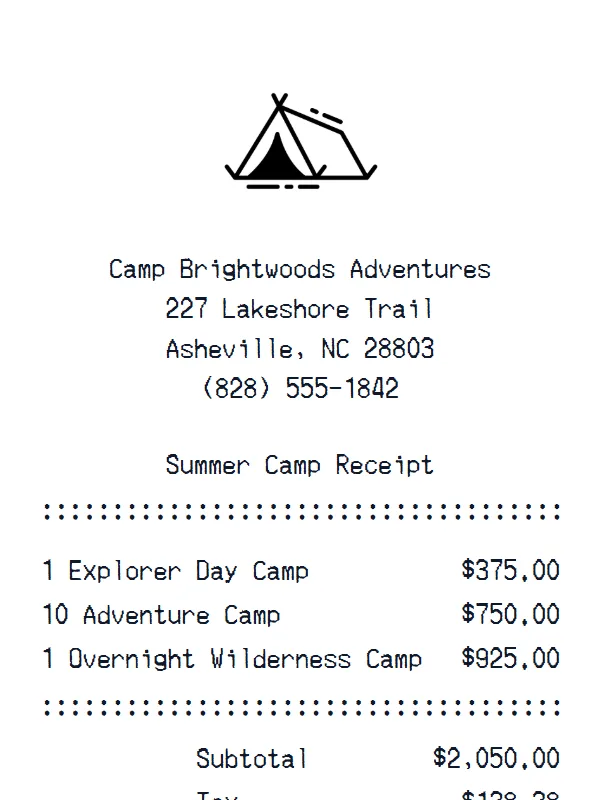 Summer Camp Receipt receipt example
