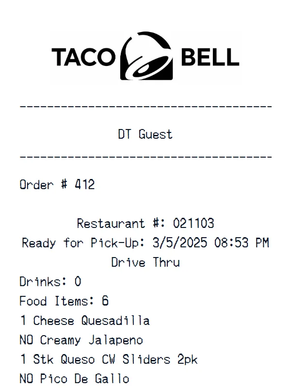 Taco Bell Receipt receipt example