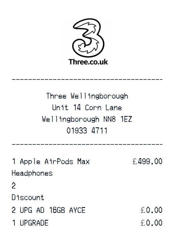 Three (Three.co.uk) Receipt receipt example