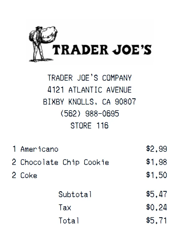 Trader Joe's receipt example