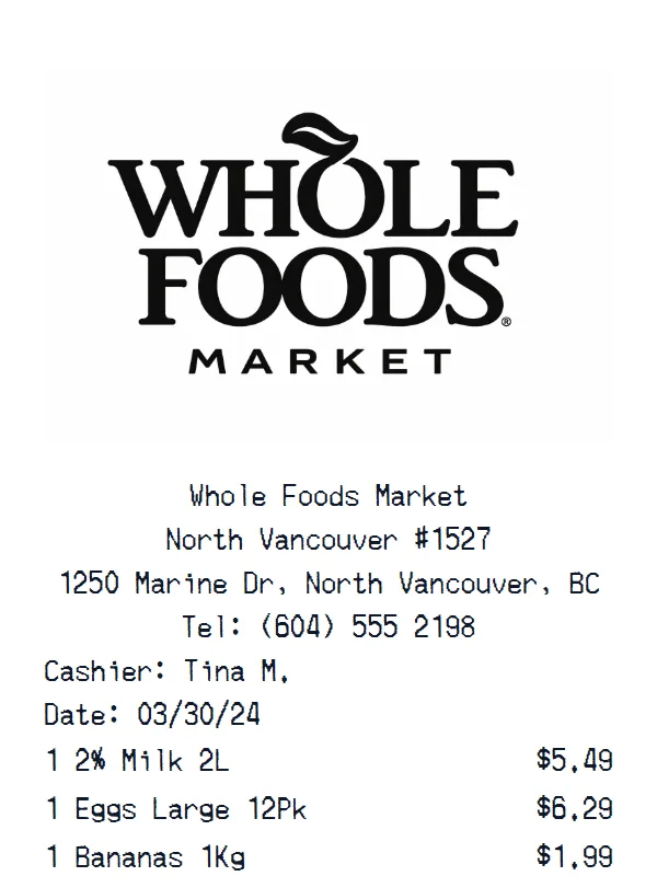 Whole Foods Market Grocery Store receipt example