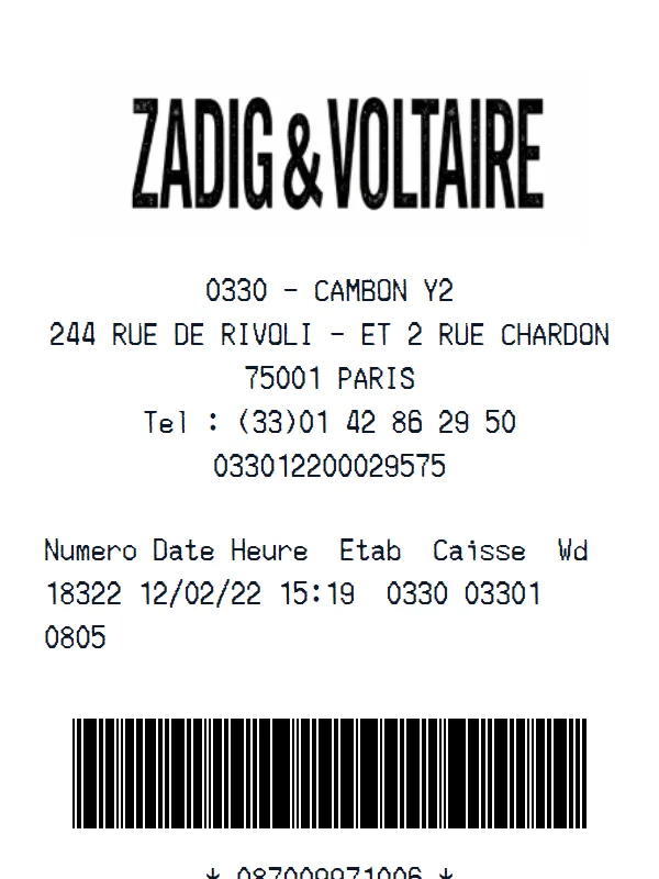 Zadig & Voltaire Receipt receipt example