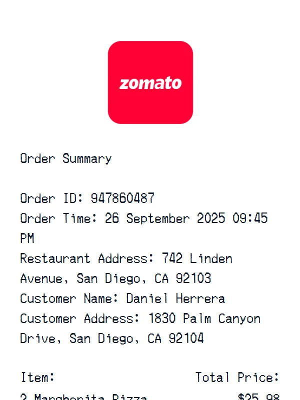 Zomato Receipt receipt example