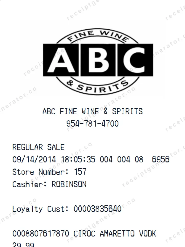 ABC Fine Wine & Spirits receipt template — free ABC Fine Wine & Spirits receipt generator