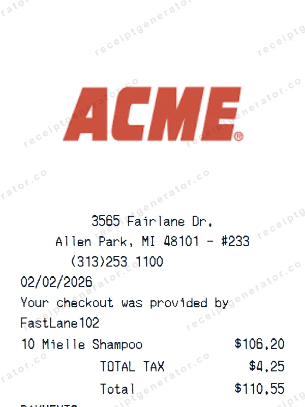 ACME Grocery receipt template — free ACME Grocery receipt generator