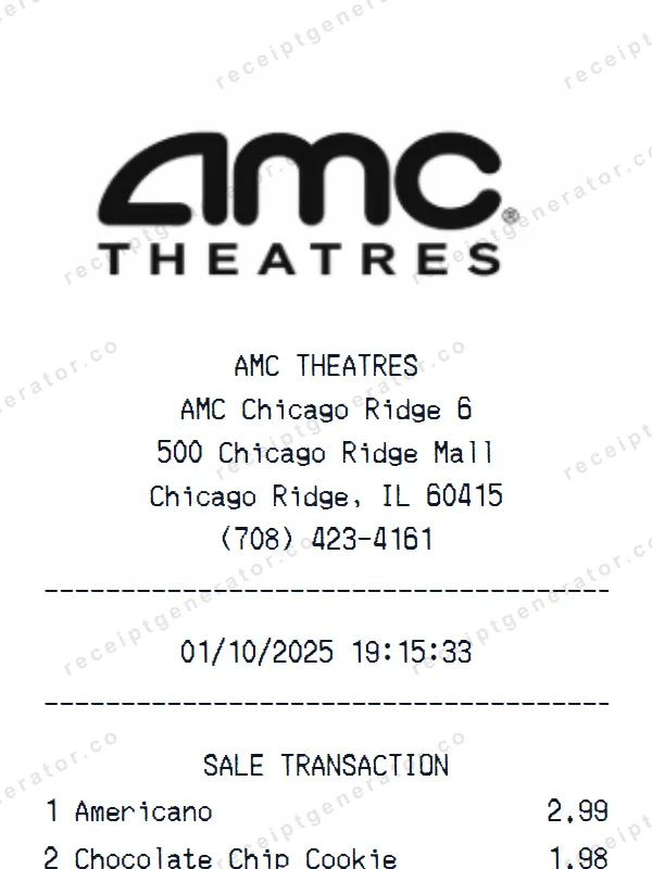 AMC Theatres receipt template — free AMC Theatres receipt generator