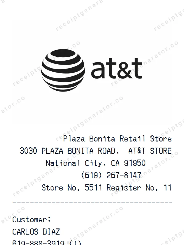 AT&T Retail Store receipt template — free AT&T Retail Store receipt generator