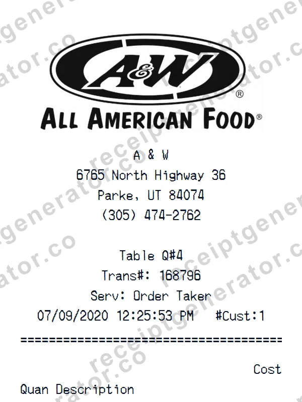 A&W Fast Food receipt template — free A&W Fast Food receipt generator