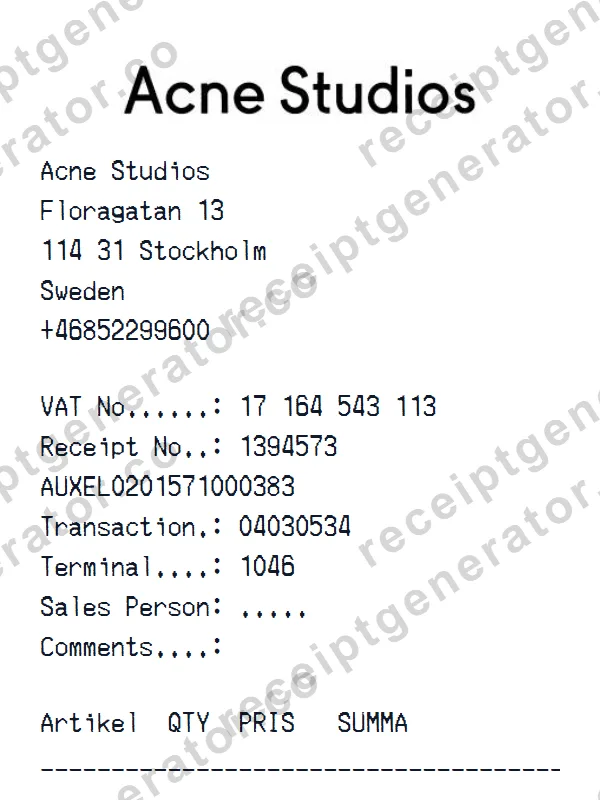 Acne Studios receipt template — free Acne Studios receipt generator
