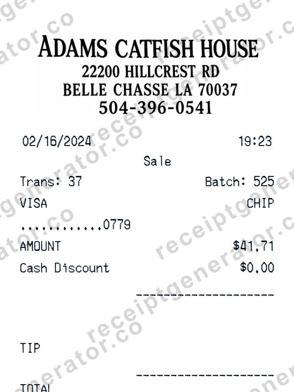 Adams Catfish House receipt template — free Adams Catfish House receipt generator