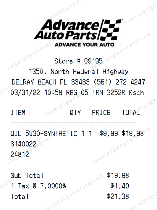 Advance Auto Parts receipt template — free Advance Auto Parts receipt generator