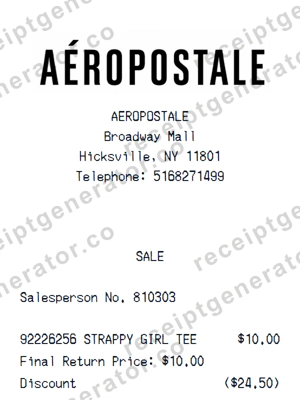 Aéropostale Broadway Mall receipt template — free Aéropostale Broadway Mall receipt generator