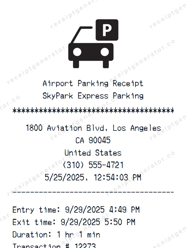 Airport Parking receipt template — free Airport Parking receipt generator
