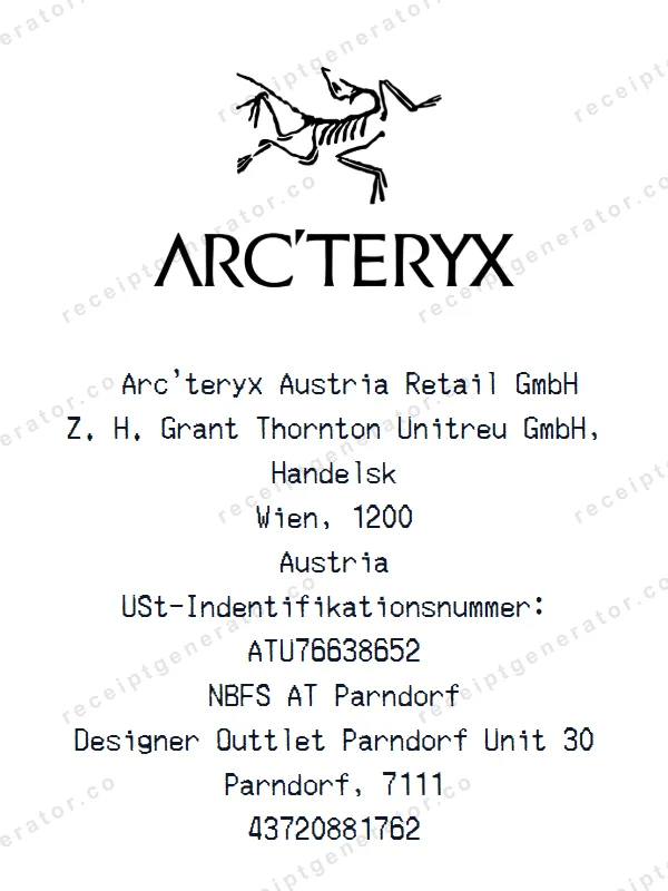 Arc'teryx receipt template — free Arc'teryx receipt generator