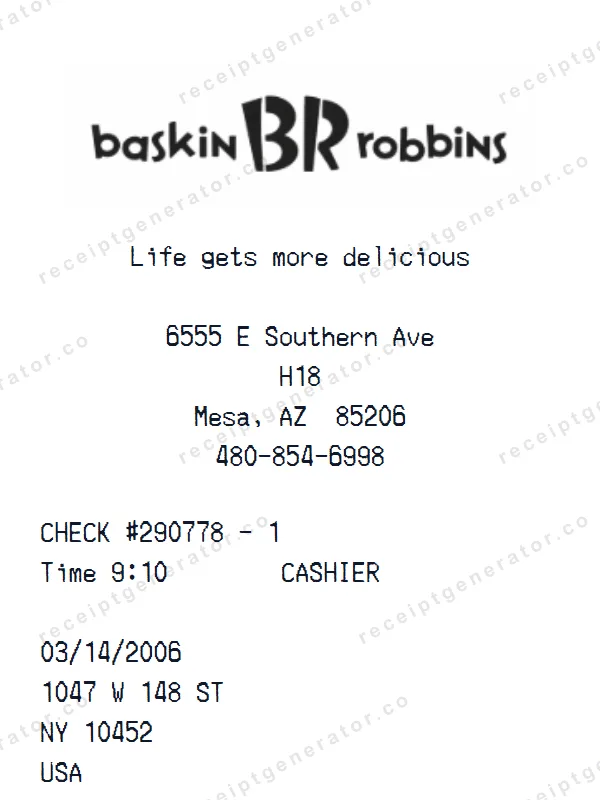 Baskin Robbins receipt template — free Baskin Robbins receipt generator