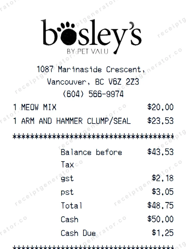 Bosley’s - Pet Valu receipt template — free Bosley’s - Pet Valu receipt generator