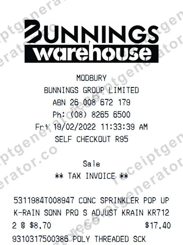 Bunnings Warehouse receipt template — free Bunnings Warehouse receipt generator