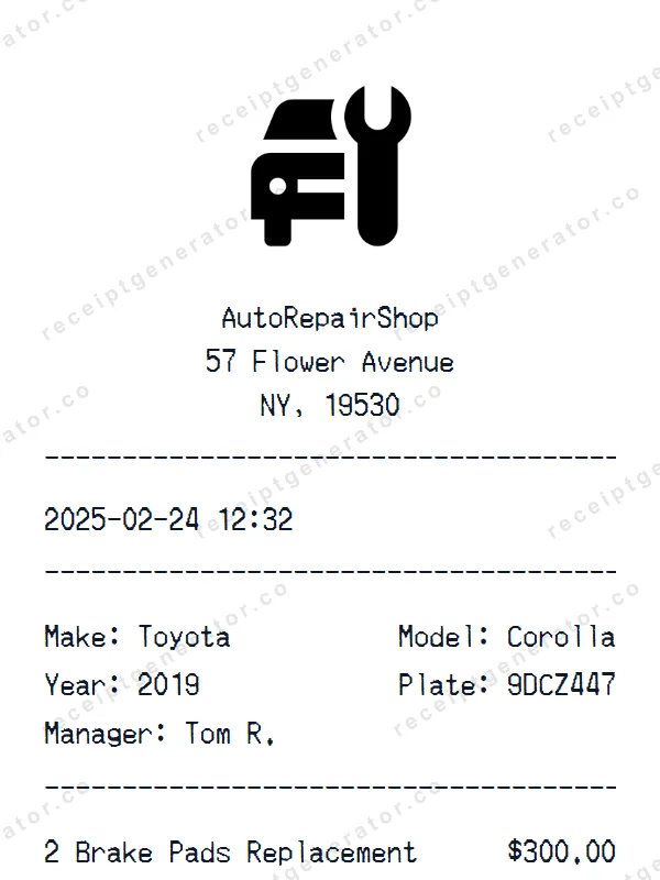 Car Repair receipt template — free Car Repair receipt generator
