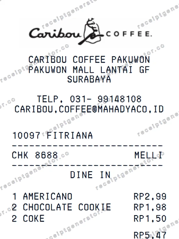Caribou Coffee receipt template — free Caribou Coffee receipt generator
