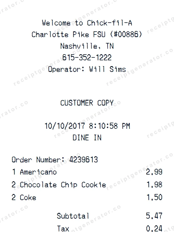 Chick-fil-A receipt template — free Chick-fil-A receipt generator