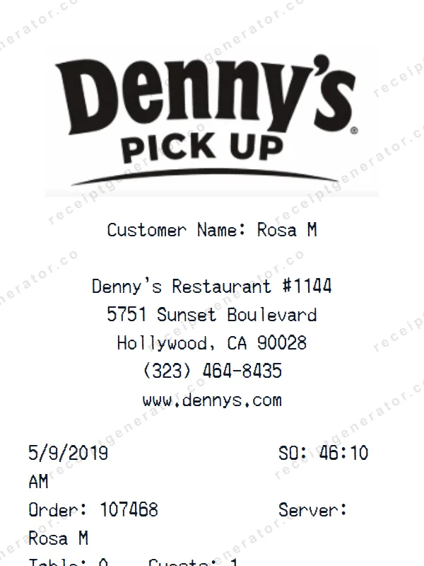 Denny’s PickUp Receipt  receipt template — free Denny’s PickUp Receipt  receipt generator