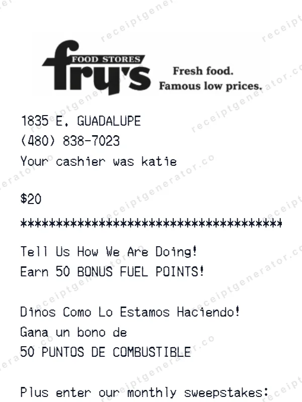 Fry’s Food Stores receipt template — free Fry’s Food Stores receipt generator