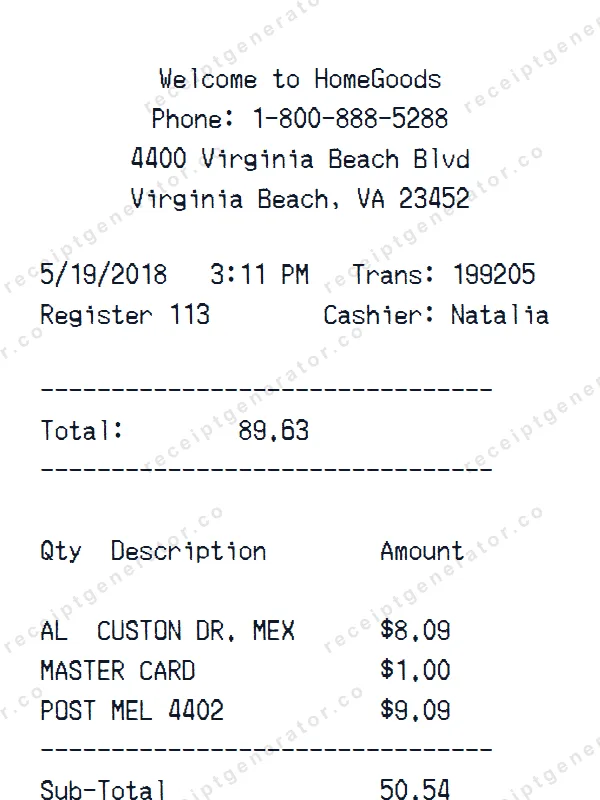 HomeGoods receipt template — free HomeGoods receipt generator
