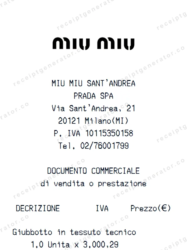 MIU MIU receipt template — free MIU MIU receipt generator