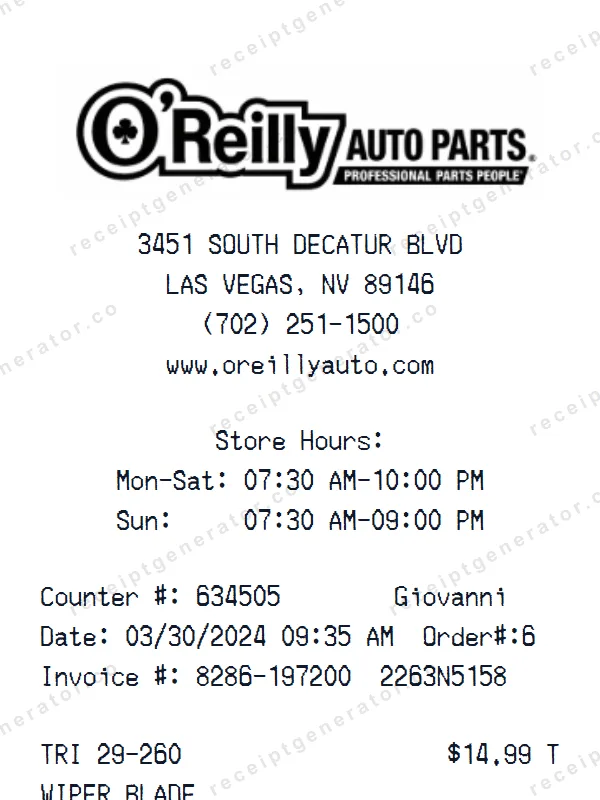 O'Reilly Auto Parts receipt template — free O'Reilly Auto Parts receipt generator