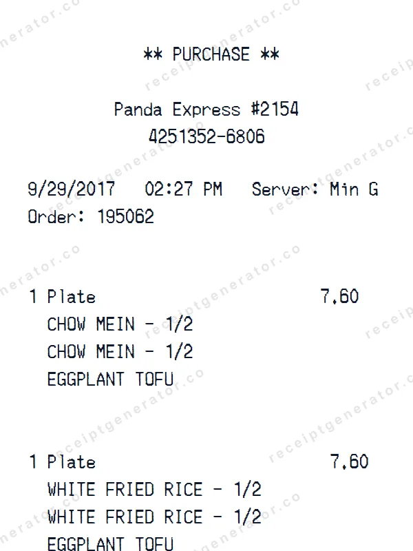 Panda Express receipt template — free Panda Express receipt generator