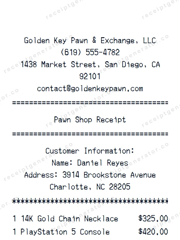 Pawn Shop receipt template — free Pawn Shop receipt generator