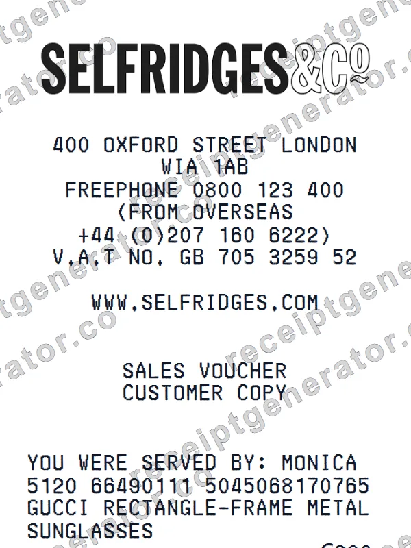 Selfridges receipt template — free Selfridges receipt generator