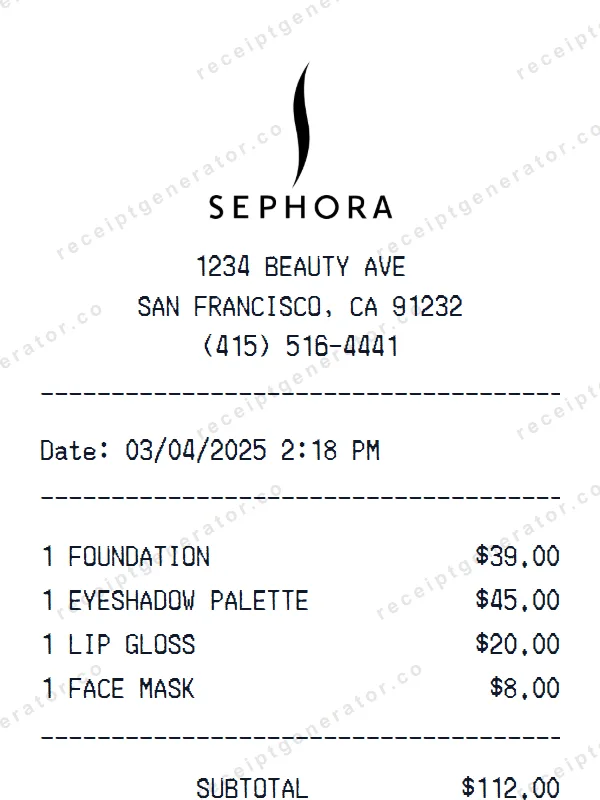 Sephora receipt template — free Sephora receipt generator