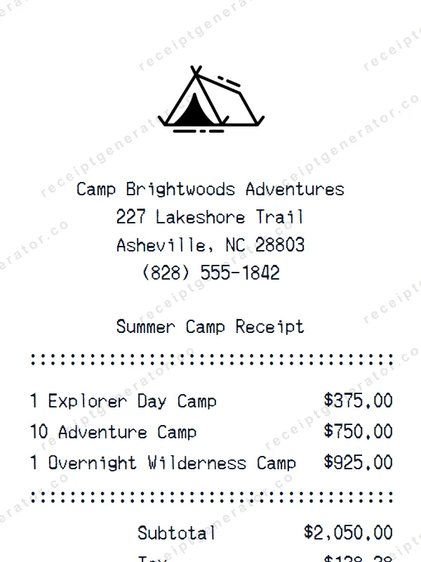 Summer Camp receipt template — free Summer Camp receipt generator