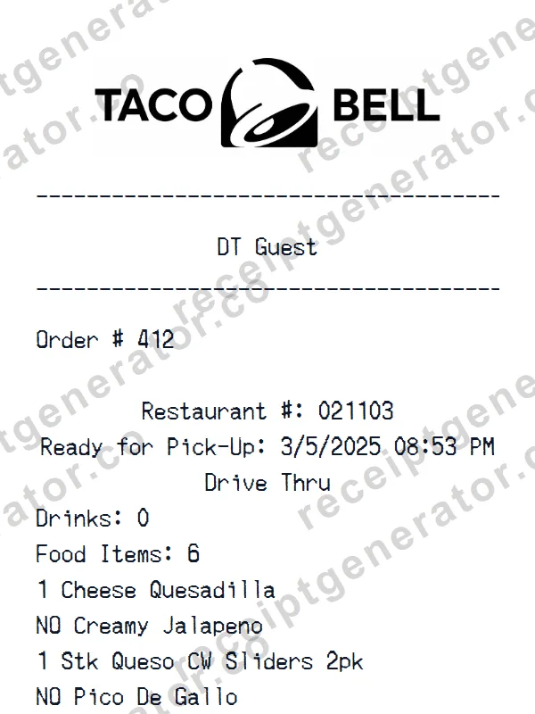 Taco Bell receipt template — free Taco Bell receipt generator