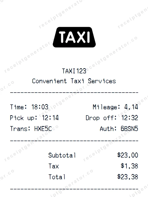 Taxi Ride receipt template — free Taxi Ride receipt generator