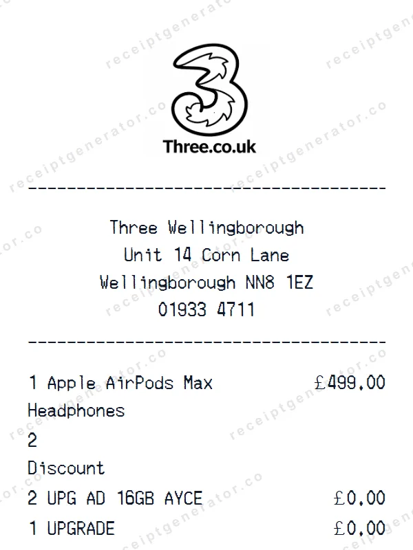 Three (Three.co.uk) receipt template — free Three (Three.co.uk) receipt generator
