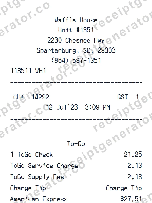 Waffle House receipt template — free Waffle House receipt generator