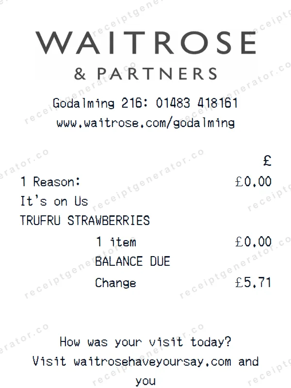 Waitrose & Partners receipt template — free Waitrose & Partners receipt generator