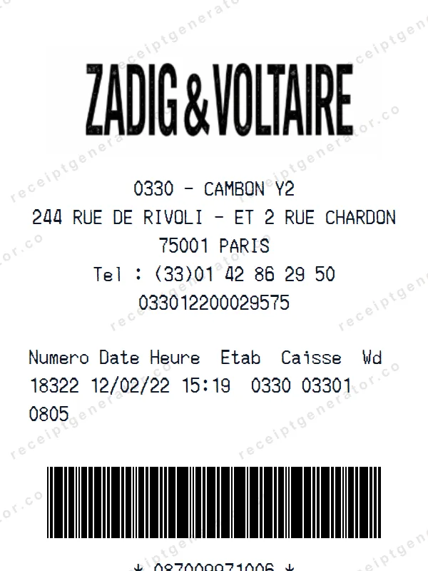 Zadig & Voltaire receipt template — free Zadig & Voltaire receipt generator