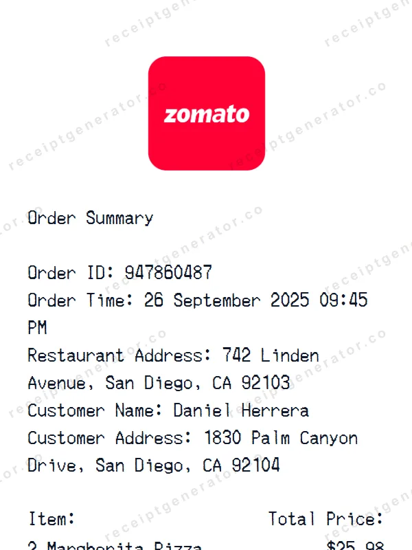 Zomato receipt template — free Zomato receipt generator